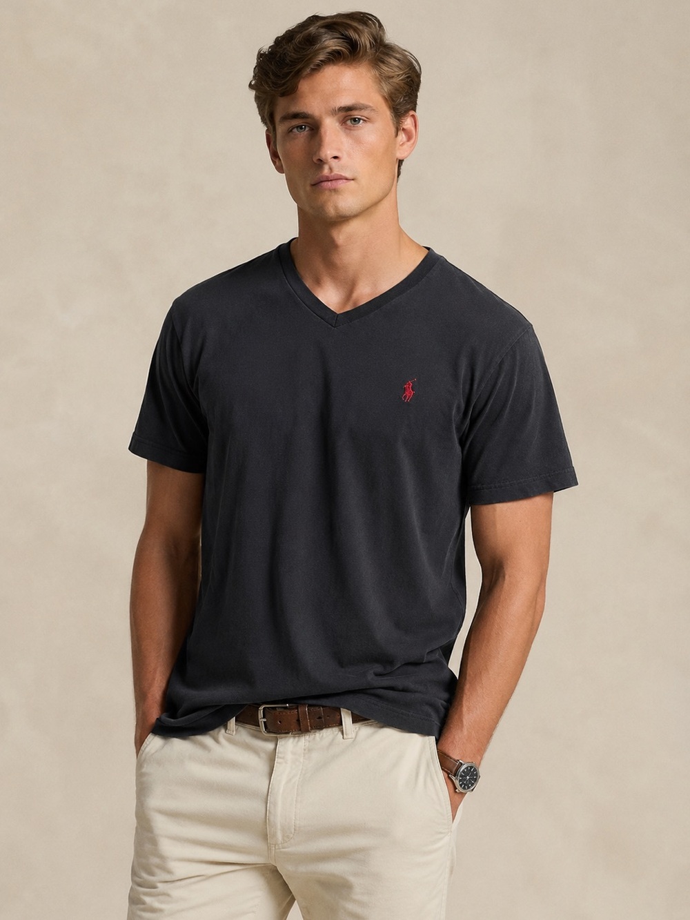 Polo by Ralph Lauren Black V-Neck Tee with Red Logo